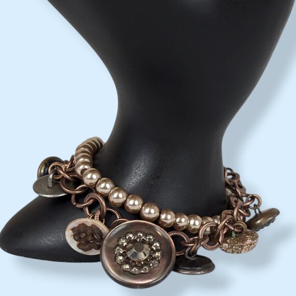 V. 2-Strand Faux Pearl & Dangling Button Charm Bracelet - Picture 1 of 5